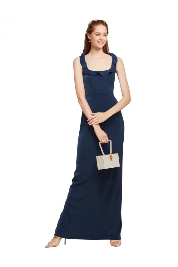Online Scoop Neck with Ruffles Long Crepe Prom Dress with Back Slit UK