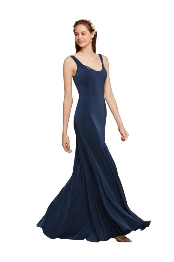 Online Fit and Flare Long Crepe Prom Dress with Round Neck UK