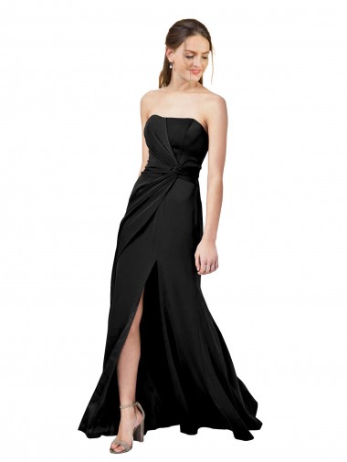 Online Strapless Fit and Flare Long Crepe Prom Dress with Knot and Slit UK