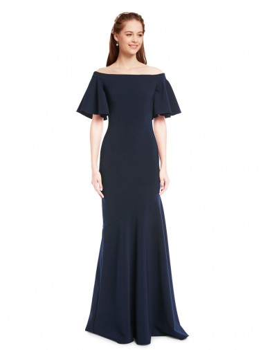 Online Off the Shoulder Crepe Prom Dress with Short Ruffle Sleeves. UK
