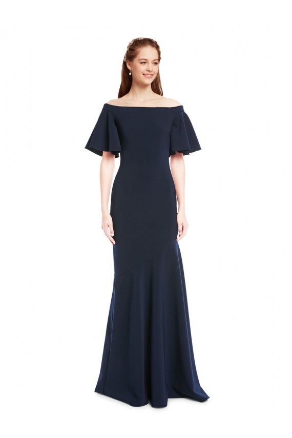 Online Off the Shoulder Crepe Prom Dress with Short Ruffle Sleeves. UK