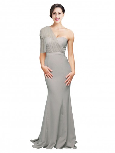 Online Long Sweep Train Sweetheart Crepe Prom Dress with Tulle One Shoulder UK