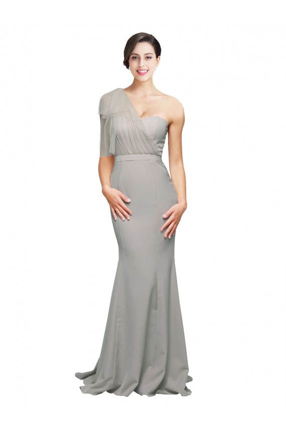 Online Long Sweep Train Sweetheart Crepe Prom Dress with Tulle One Shoulder UK