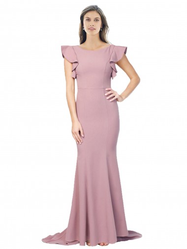 Online Flutter Sleeves Low V-Back High Round Neck Crepe Prom Dress UK