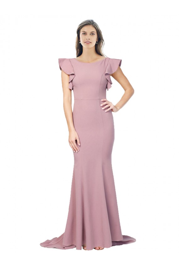 Online Flutter Sleeves Low V-Back High Round Neck Crepe Prom Dress UK