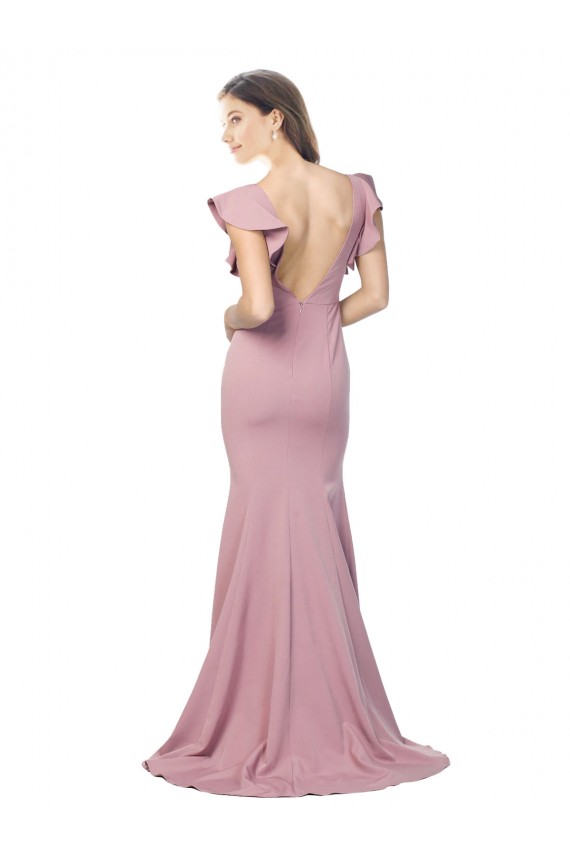 Online Flutter Sleeves Low V-Back High Round Neck Crepe Prom Dress UK