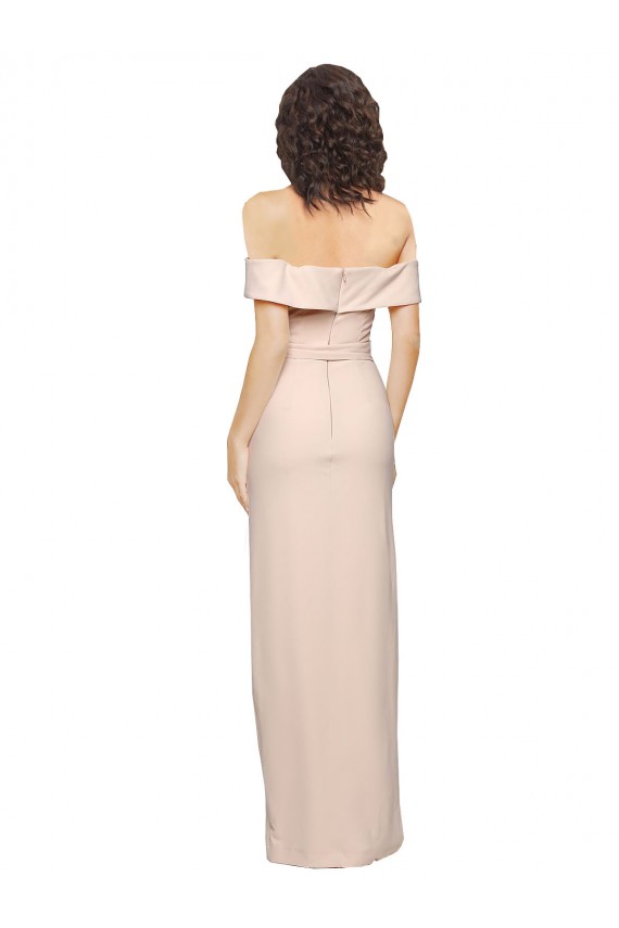 Online Off the Shoulder Long Crepe Prom Dress with Waist Tie and Slit UK