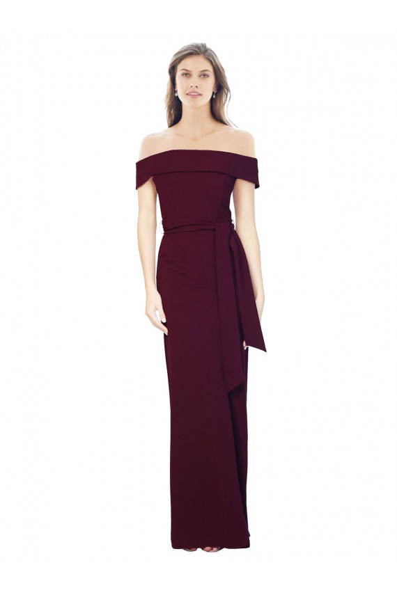 Online Off the Shoulder Long Crepe Prom Dress with Waist Tie UK