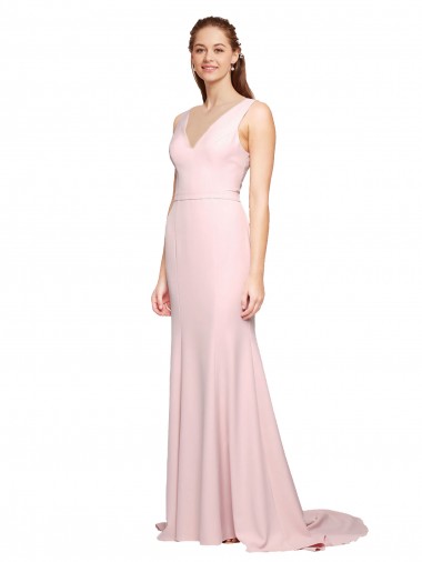 Online Deep V-Neckline and Back Long Sweep Train Crepe Prom Dress with Shoulder Straps UK