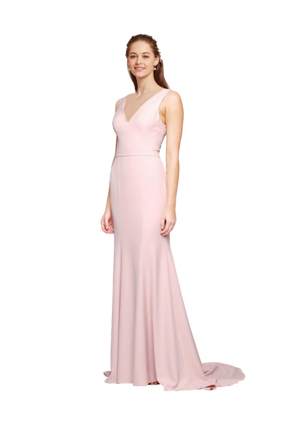Online Deep V-Neckline and Back Long Sweep Train Crepe Prom Dress with Shoulder Straps UK