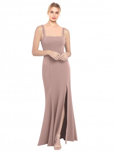 Online Square Neck Fit and Flare Long Stretch Crepe Prom Dress with Side Slit UK