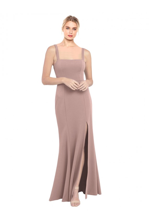 Online Square Neck Fit and Flare Long Stretch Crepe Prom Dress with Side Slit UK