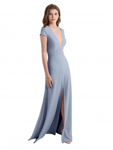 Online Plunging V-Neck Cap Sleeves Stretch Crepe Prom Dress with Front Slit UK