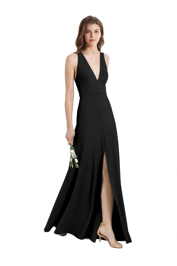 Online Sleek Halter V-Neck Long A-Line Stretch Crepe Prom Dress with Front Slit UK