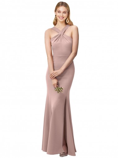 Online Long Floor Length High Neck Fit and Flare Stretch Crepe Prom Dress with Side Slit UK