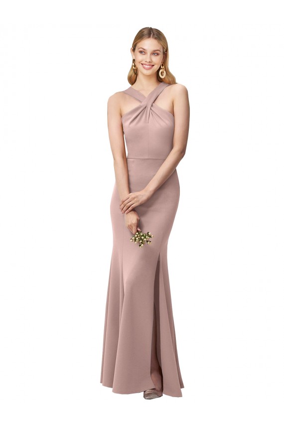 Online Long Floor Length High Neck Fit and Flare Stretch Crepe Prom Dress with Side Slit UK