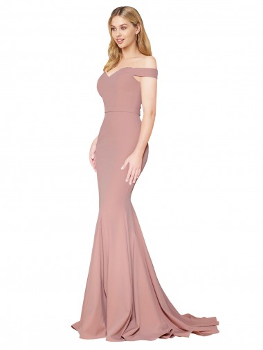 Online Off the Shoulder Sweetheart Long Sweep Train Crepe Prom Dress UK