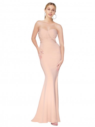Online Sweetheart Shirred Neck Long Floor Length Crepe Prom Dress UK