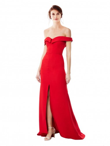 Online Off the Shoulder Chapel Train Crepe Prom Dress with Thigh-High slit UK