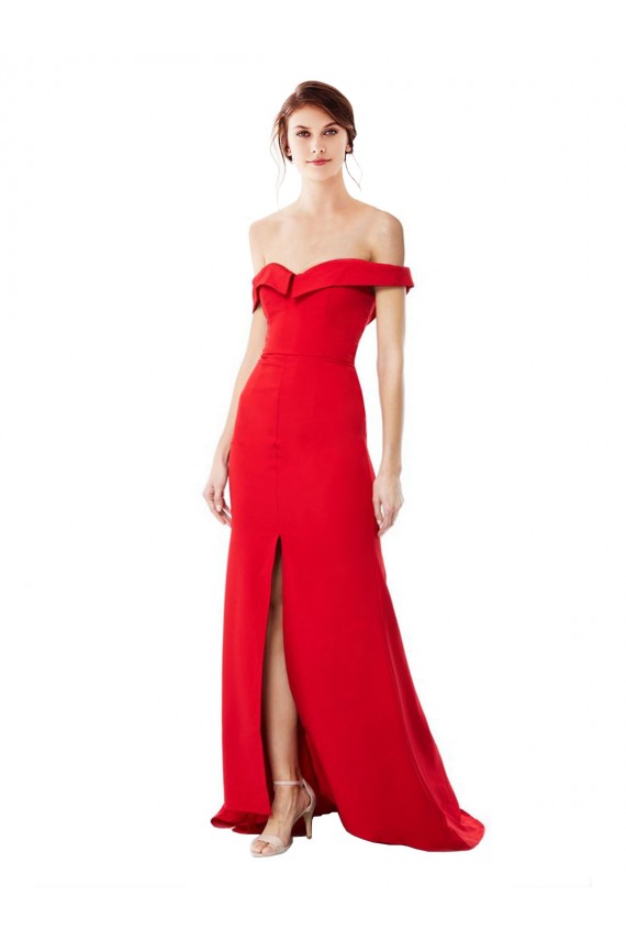 Online Off the Shoulder Chapel Train Crepe Prom Dress with Thigh-High slit UK