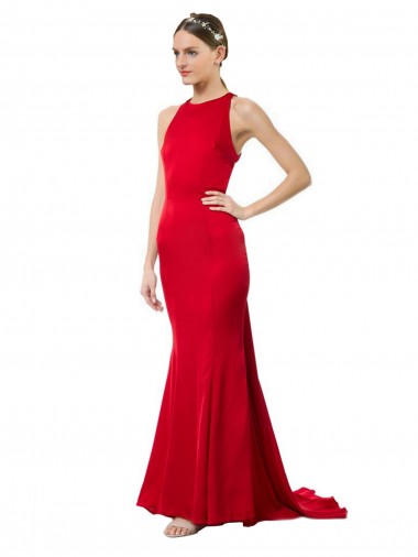 Online High Neck Mermaid Open Back Crepe Maxi Prom Dress with Train Detail UK