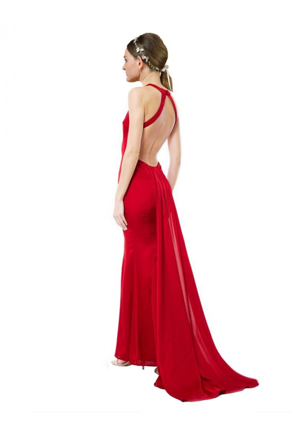 Online High Neck Mermaid Open Back Crepe Maxi Prom Dress with Train Detail UK