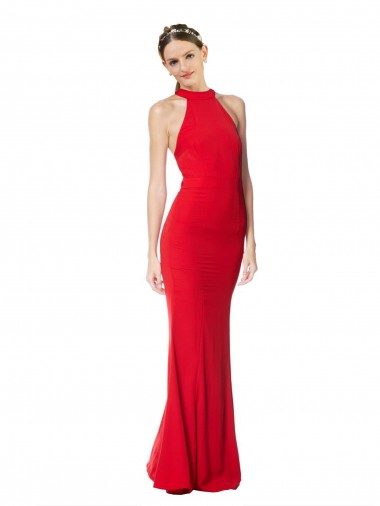 Online Halter Neck Keyhole Back Sleeveless Crepe Maxi Prom Dress UK