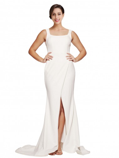 Online Square Neck Long Sheath Sweep Train Crepe Prom Dress  UK