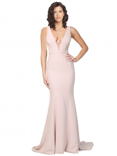 Online Deep Plunging V-Neckline Full Length Crepe Prom Dress with Deep V-Backline UK
