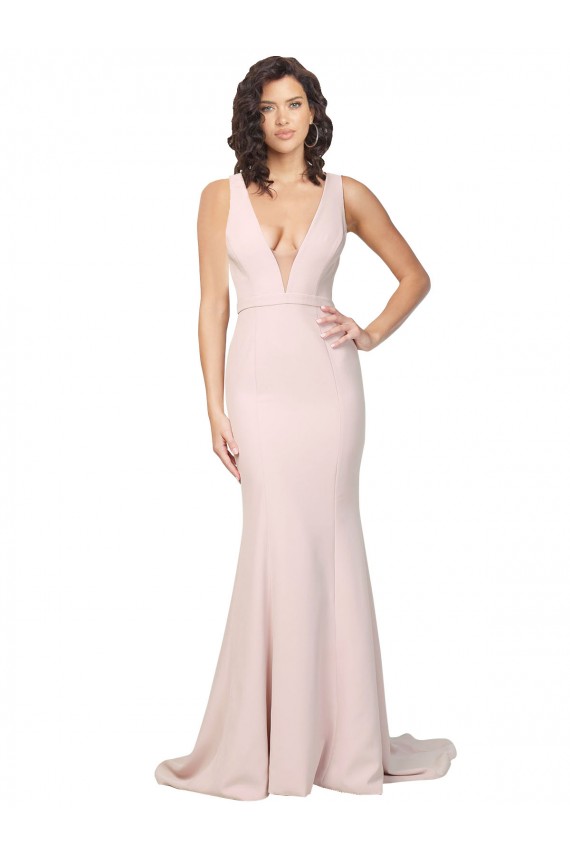 Online Deep Plunging V-Neckline Full Length Crepe Prom Dress with Deep V-Backline UK