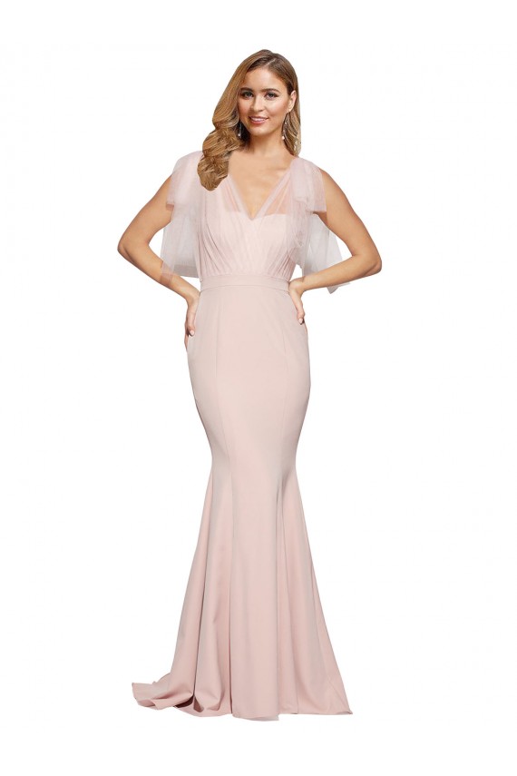 Online Double Bow Full Length Sweetheart Crepe Prom Dress with Tulle Overlay UK