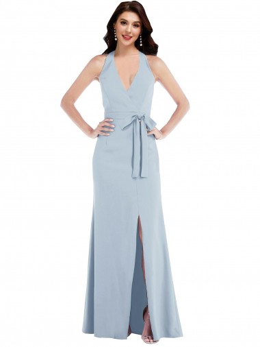 Online Open Back Halter Maxi Crepe Prom Dress with Draped Bow UK