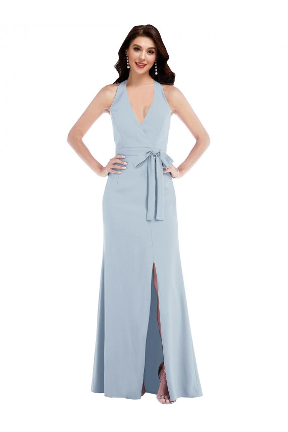 Online Open Back Halter Maxi Crepe Prom Dress with Draped Bow UK
