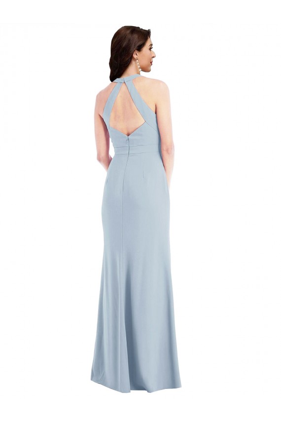 Online Open Back Halter Maxi Crepe Prom Dress with Draped Bow UK