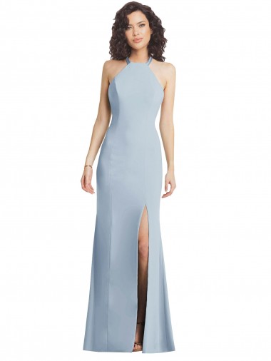 Online High Neck Halter Crepe Prom Dress with Twist Criss Cross Back UK