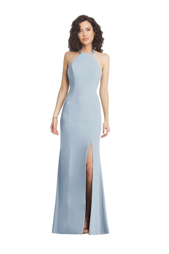 Online High Neck Halter Crepe Prom Dress with Twist Criss Cross Back UK
