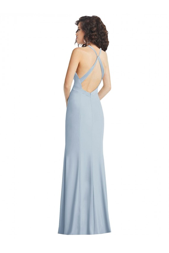 Online High Neck Halter Crepe Prom Dress with Twist Criss Cross Back UK