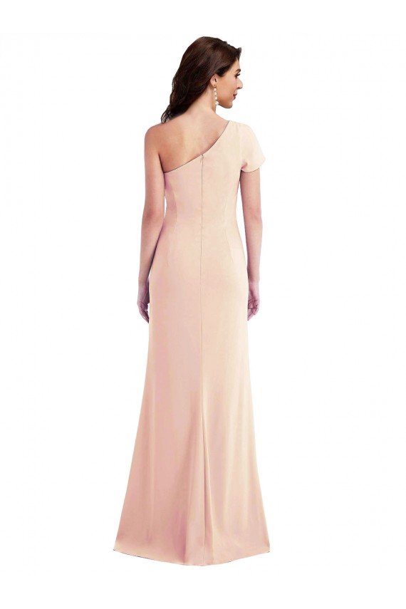 Online One Shoulder Cap Sleeves Trumpet Crepe Prom Dress with Front Slit UK