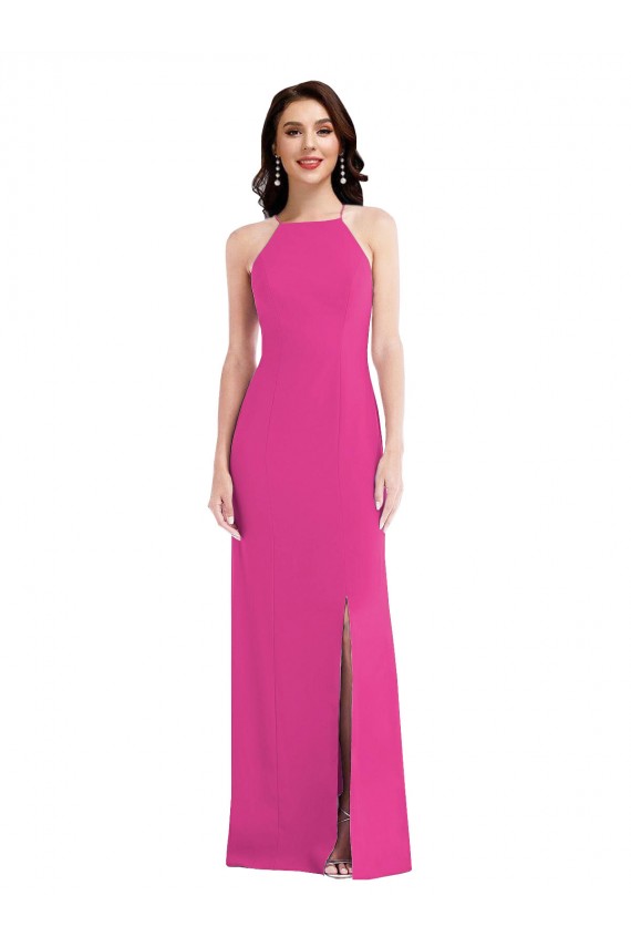 Online Open Back High Neck Halter Trumpet Crepe Prom Dress UK