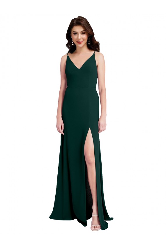 Online Slim A-Line V-Neck Full Length Crepe Prom Dress with Side Slit UK