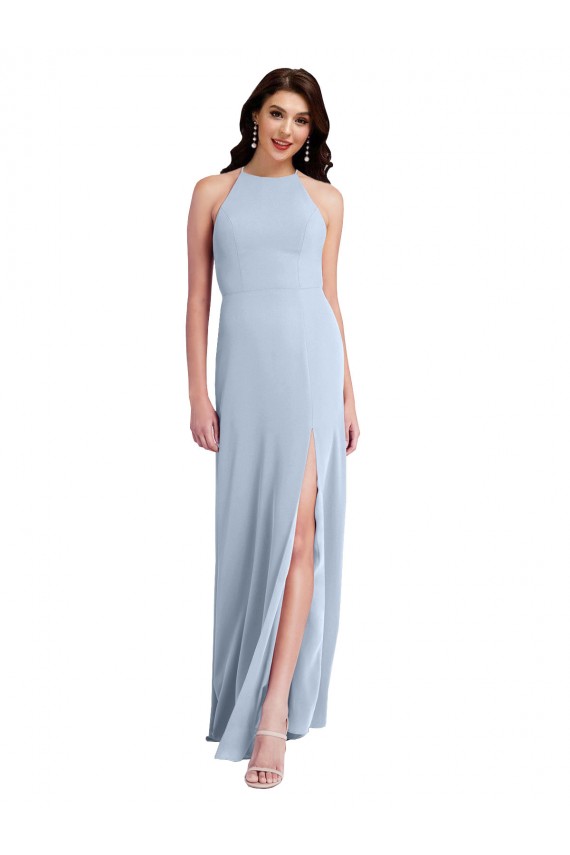 Online Fit and Flare High Neck Crepe Prom Dress with Side Slit UK