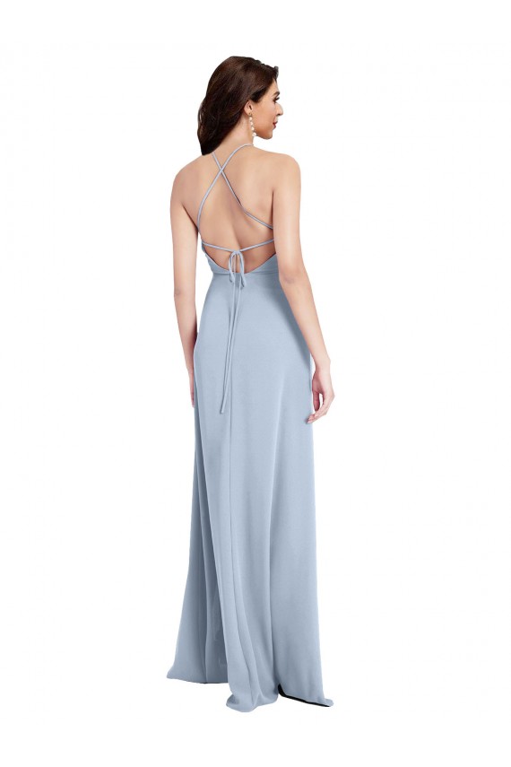 Online Fit and Flare High Neck Crepe Prom Dress with Side Slit UK