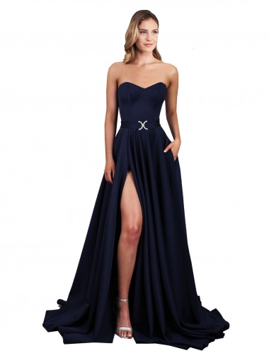 Online Sweetheart Neckline Low Back Long Crepe Prom Dress with High Leg Spit & Pockets UK
