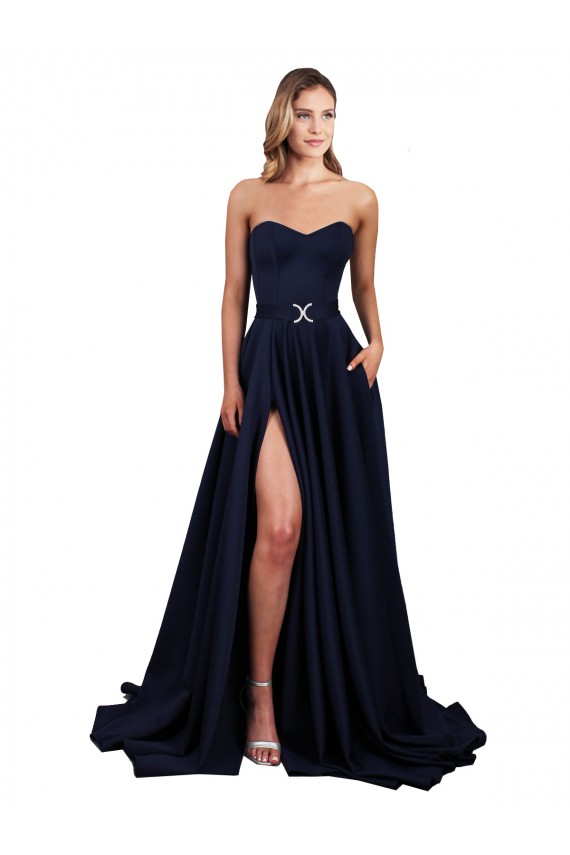 Online Sweetheart Neckline Low Back Long Crepe Prom Dress with High Leg Spit & Pockets UK