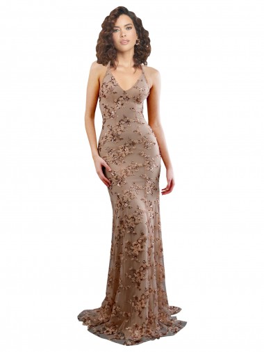Online Floral Patterned Backless V-Neckline Sequin Prom Dress UK