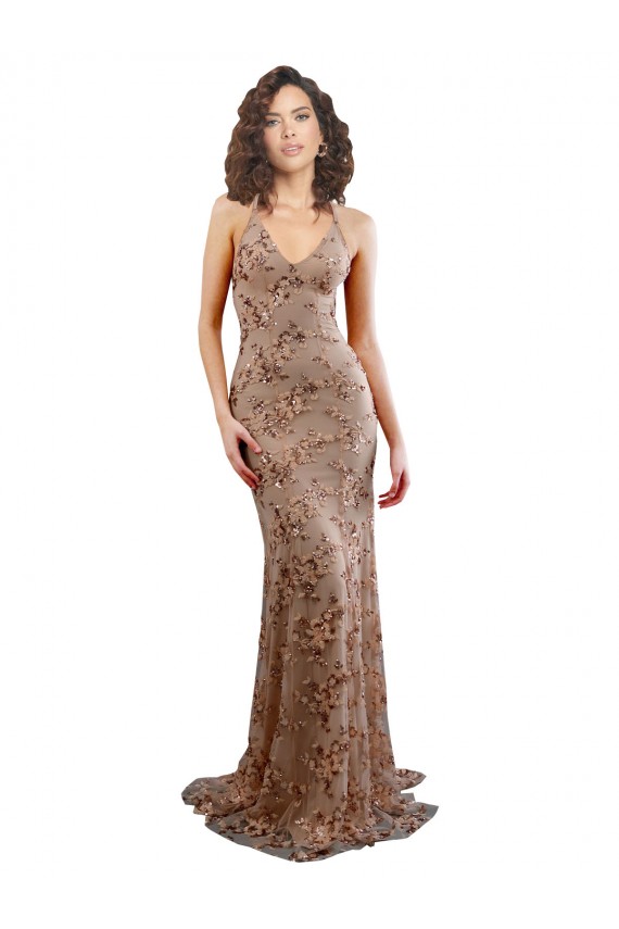 Online Floral Patterned Backless V-Neckline Sequin Prom Dress UK