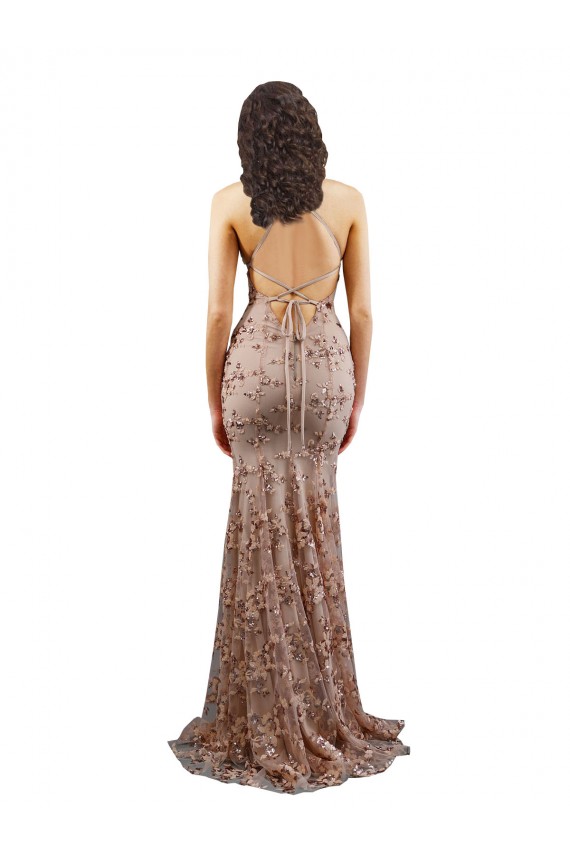 Online Floral Patterned Backless V-Neckline Sequin Prom Dress UK