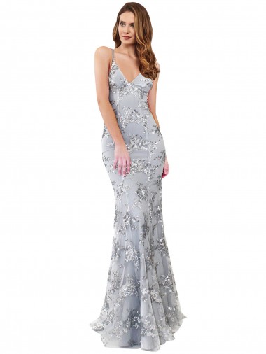 Online Silver V-Neckline Backless Floral Patterned Sequin Prom Dress UK