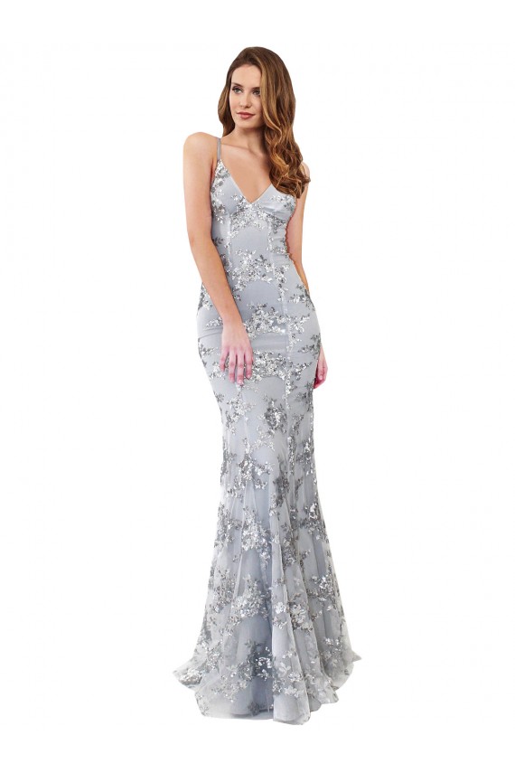 Online Silver V-Neckline Backless Floral Patterned Sequin Prom Dress UK