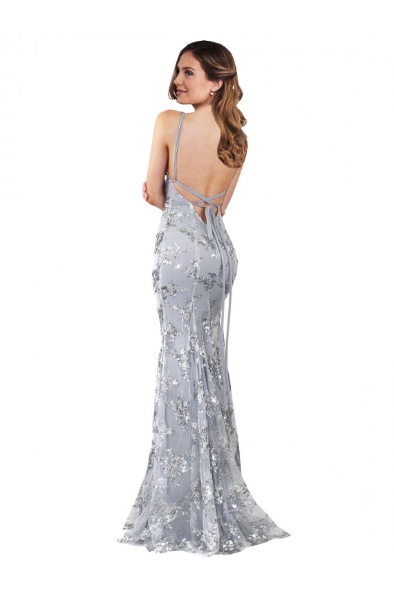 Online Silver V-Neckline Backless Floral Patterned Sequin Prom Dress UK